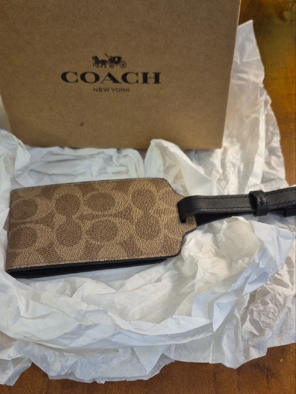 Coach Tan and Black Signature Luggage Tag In Coach Box